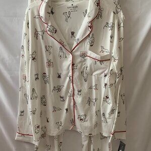 KATE SPADE Celebratory Dogs Long Pajamas Set in Cream/Red Sz EXTRA LARGE
